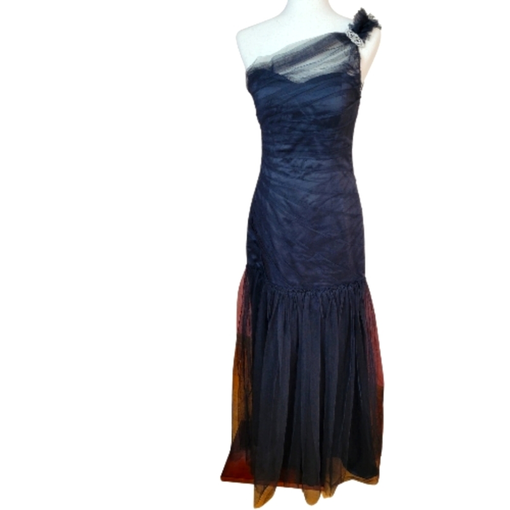 Max & Cleo Black Tulle Ruched Smocked Off Shoulder Gown SZ 4 Perfect Condition